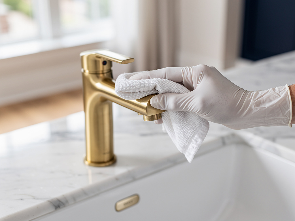 Close-up of a gloved hand polishing a brushed brass faucet until it gleams on a white marble sink.