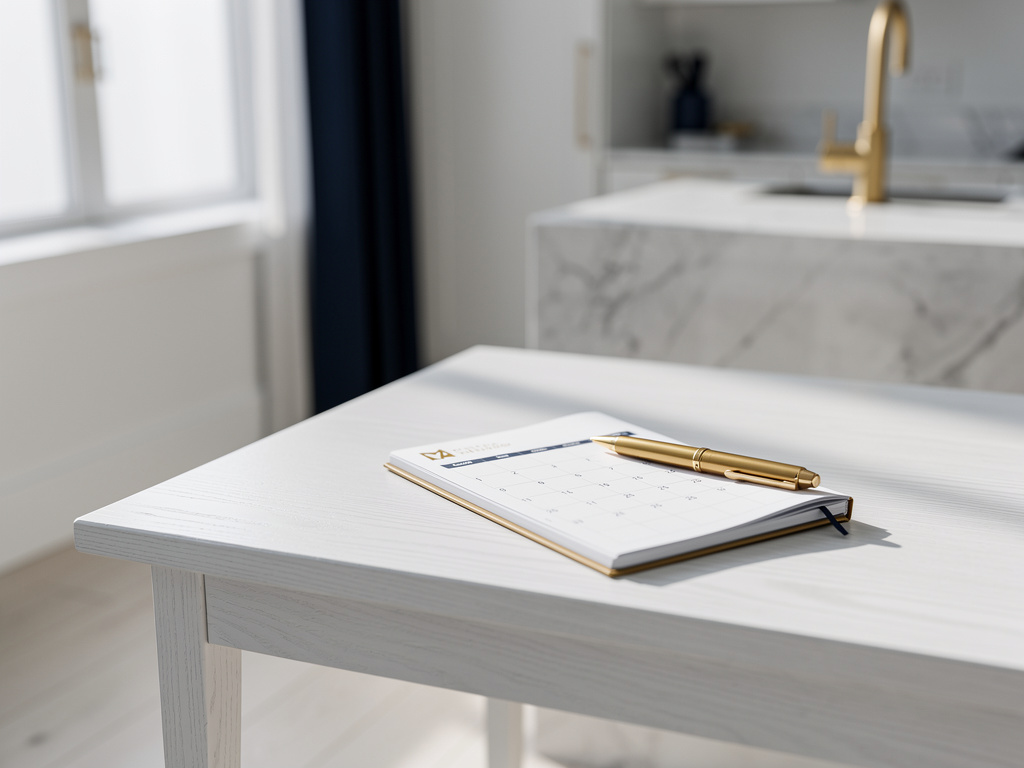 A calendar notebook and a gold pen resting on a white oak desk beside a sunlit window.