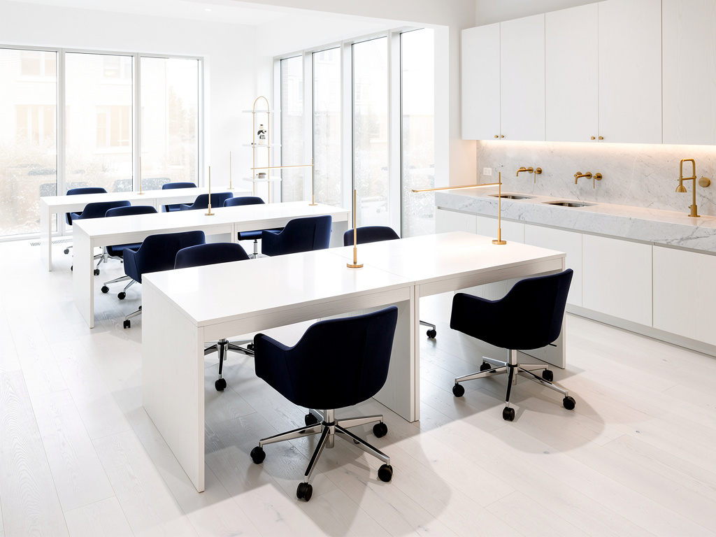 A bright, empty modern office with navy chairs and polished white oak desks, perfectly in order.
