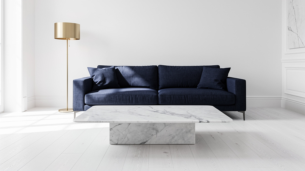 A spotless open-plan living room with a marble coffee table, navy linen sofa and brass floor lamp bathed in soft morning
