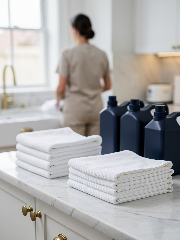 A cleaning professional seen from behind, out of focus, arranging neatly folded white microfiber cloths and navy supply